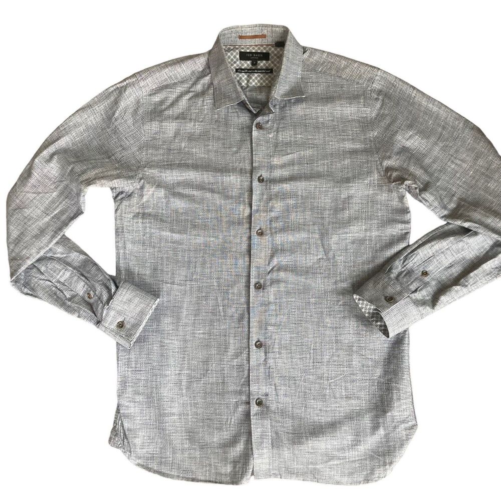 Ted Baker London Mens Sz XL (5) Linen Cotton Long Sleeve Button Down Shirt Navy